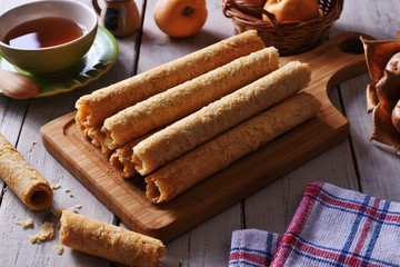 Handmade egg rolls on the wooden board