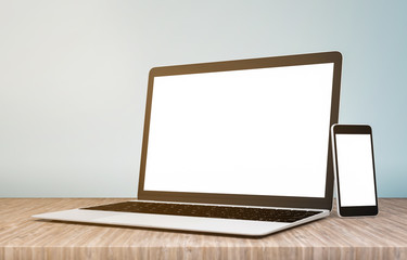 Laptop and smart phone blank screen on wooden table with colorful background, front view, 3D rendering