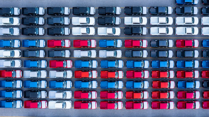 Aerial view cars for sale stock lot row. Cars dealer inventory.