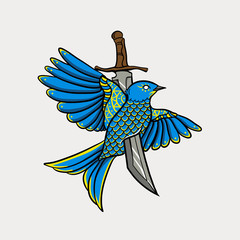 Illustration of bird stabbed with a sword. Flying bird t-shirt design. Anicient egyptian bird full colour 
