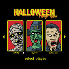 Illustration of mummy , witch , and dracula in the game menu. Halloween party design for t-shirt or poster