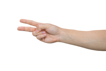 Man hand showing two fingers isolated on white background with clipping path.