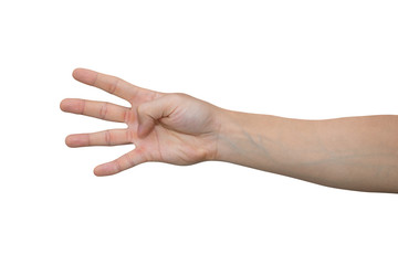 Man hand showing four fingers isolated on white background with clipping path.