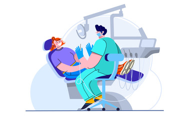 Patient in a dental chair at the dentist's office. Vector illustration. Tooth doctor examines the patient.