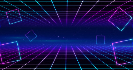 Retro Sci-Fi Background Futuristic Grid landscape of the 80`s. Digital Cyber Surface. Suitable for design in the style of the 1980`s. 3D illustration