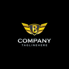letter B shield with wings gold color logo design concept template vector