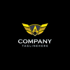 letter A shield with wings gold color logo design concept template vector