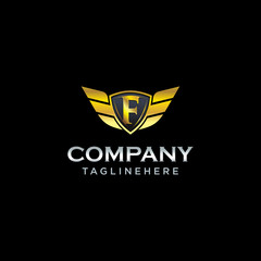 letter F shield with wings gold color logo design concept template vector