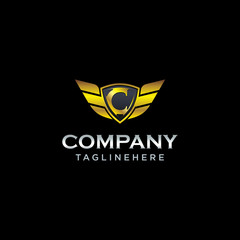 letter C shield with wings gold color logo design concept template vector
