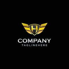 letter H shield with wings gold color logo design concept template vector