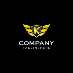 letter K shield with wings gold color logo design concept template vector