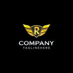 letter R shield with wings gold color logo design concept template vector