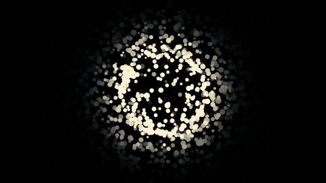 White small dots flying chaotically and forming a circle on black background, monochrome. Animation. Mystical ring of white small flying circles, seamless loop.