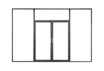 Real modern black store front double glass door window frame isolated on white background - Powered by Adobe