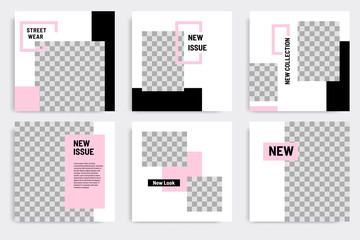 Minimal layout design background vector illustration in black pink white frame color. Editable square geometric shape banner template for social media post, stories, story, flyer, look book magazine