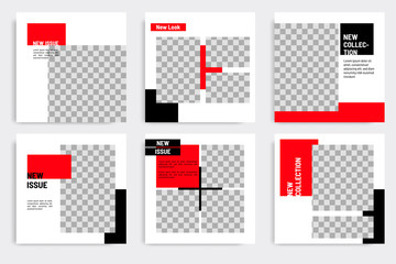 Minimal layout design background vector illustration in black red white frame color. Editable square geometric shape banner template for social media post, stories, story, flyer, look book magazine