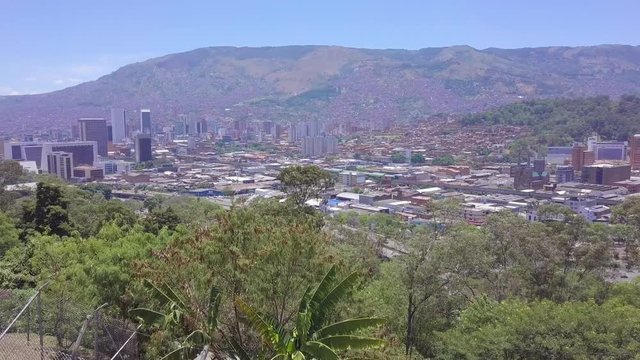 Stunning 4k sliding shot of Medellin downtown from Pueblito Paisa, Cerro Nutibara