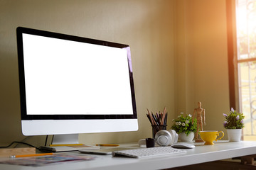 Workspace desk and laptop. copy space and blank screen. Business image, Blank screen laptop and supplies.