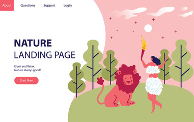 Nature landing page concept with women in the hill and forest. Landing modern page template vector illustration - Vector