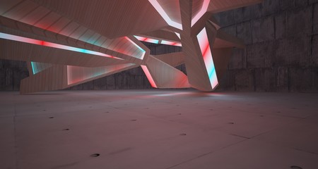 Abstract architectural concrete and wood interior of a minimalist house with color gradient neon lighting. 3D illustration and rendering.