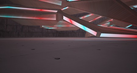 Abstract architectural concrete and wood interior of a minimalist house with color gradient neon lighting. 3D illustration and rendering.
