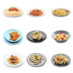 Different delicious pasta on white background