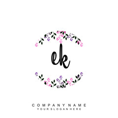 letter EK surrounded by beautiful and elegant flowers and leaves. Wedding monogram logo template. Fashion Logo template Vectors,