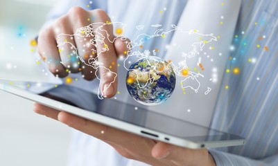 Close up of businessman holding digital globe in palms