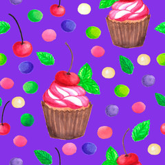 pattern of watercolor colored dots cupcake with cherry