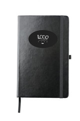 Black notebook with logo on white background