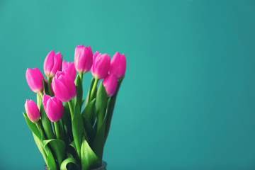 Beautiful tulips for Mother's Day on color background
