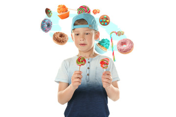 Cute little boy with flying sweats around his head on white background