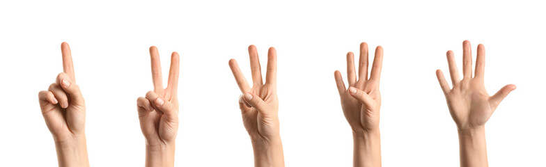 Female hands showing numbers on white background