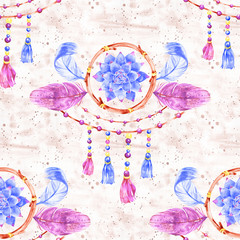 Seamless pattern with dreamcatchers, hand drawn in watercolor. Seamless texture with hand drawn feathers. Illustration for your design. Bright colors.