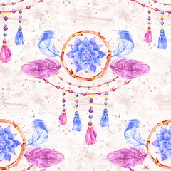 Wallpaper murals Dream catcher Seamless pattern with dreamcatchers, hand drawn in watercolor. Seamless texture with hand drawn feathers. Illustration for your design. Bright colors.