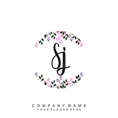 letter SJ surrounded by beautiful and elegant flowers and leaves. Wedding monogram logo template. Fashion Logo template Vectors,