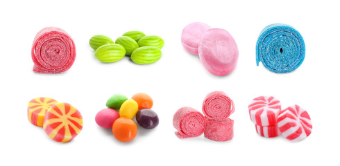 Different tasty sweets on white background
