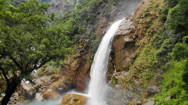 4k Aerial Crane shot Flying near Rainbow Waterfalls in Cheerapunji, Meghalaya, India