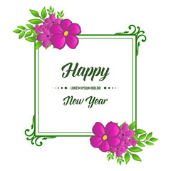 Greeting card happy new year with decorative of purple wreath frame. Vector