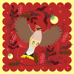 Greeting card with waxwing and with plant motifs. Vector graphics.