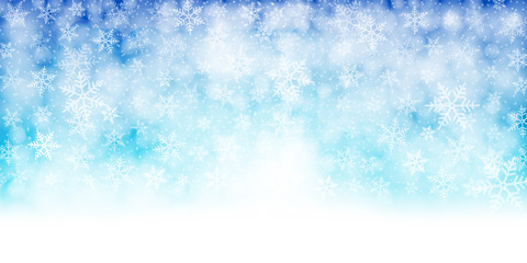 Christmas banner. Background xmas design of white snowflakes, Horizontal christmas background, greeting cards, website, blank space for text.