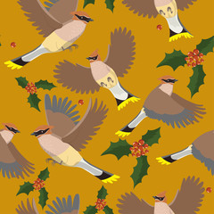 Seamless pattern with waxwings and with plant motifs. Vector graphics.