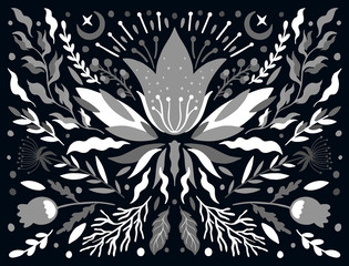 Ethno folk monochrome decorative floral ornament. Symmetry specular composition. Drawing abstract ornament.