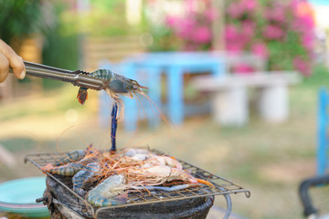 Grilled shrimp, prawn barbecue over Asian charcoal stove