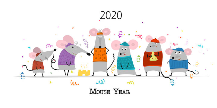 Funny mouses party, symbol of 2020 year. Banner for your design