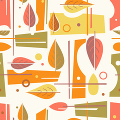 Materiał do szycia seamless mid century modern autumn pattern with leaves and geometric shapes. Cheerful retro design for fabric, wallpaper, backgrounds and decor.
