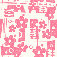 seamless mid century modern Spring pattern with flowers and geometric shapes Cheerful retro design for fabric, wallpaper, backgrounds and decor.