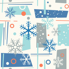 Materiał do szycia seamless mid century modern winter pattern with snowflakes and geometric shapes. Cheerful retro design for fabric, wallpaper, backgrounds and decor.Print