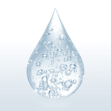 drop of blue water with bubble inside isolated on white background