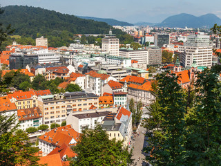 Ljubljana, Slovenia, August 5, 2019. Picturesque city view from the review site Ljubljanski grad
